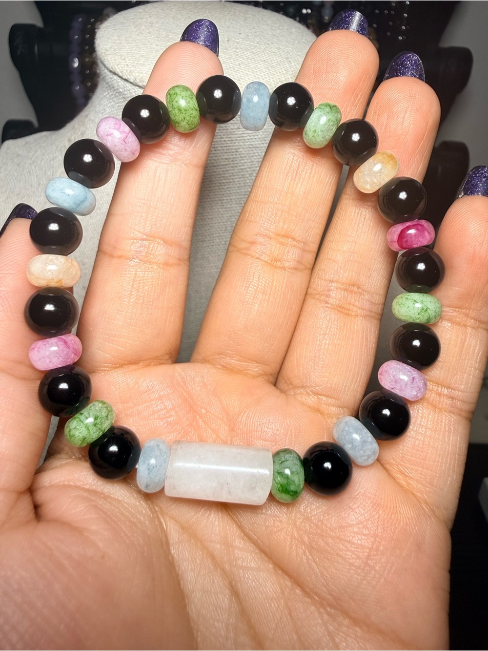 Black Onyx & Colorful Quartz Bracelet | White Quartz Accent